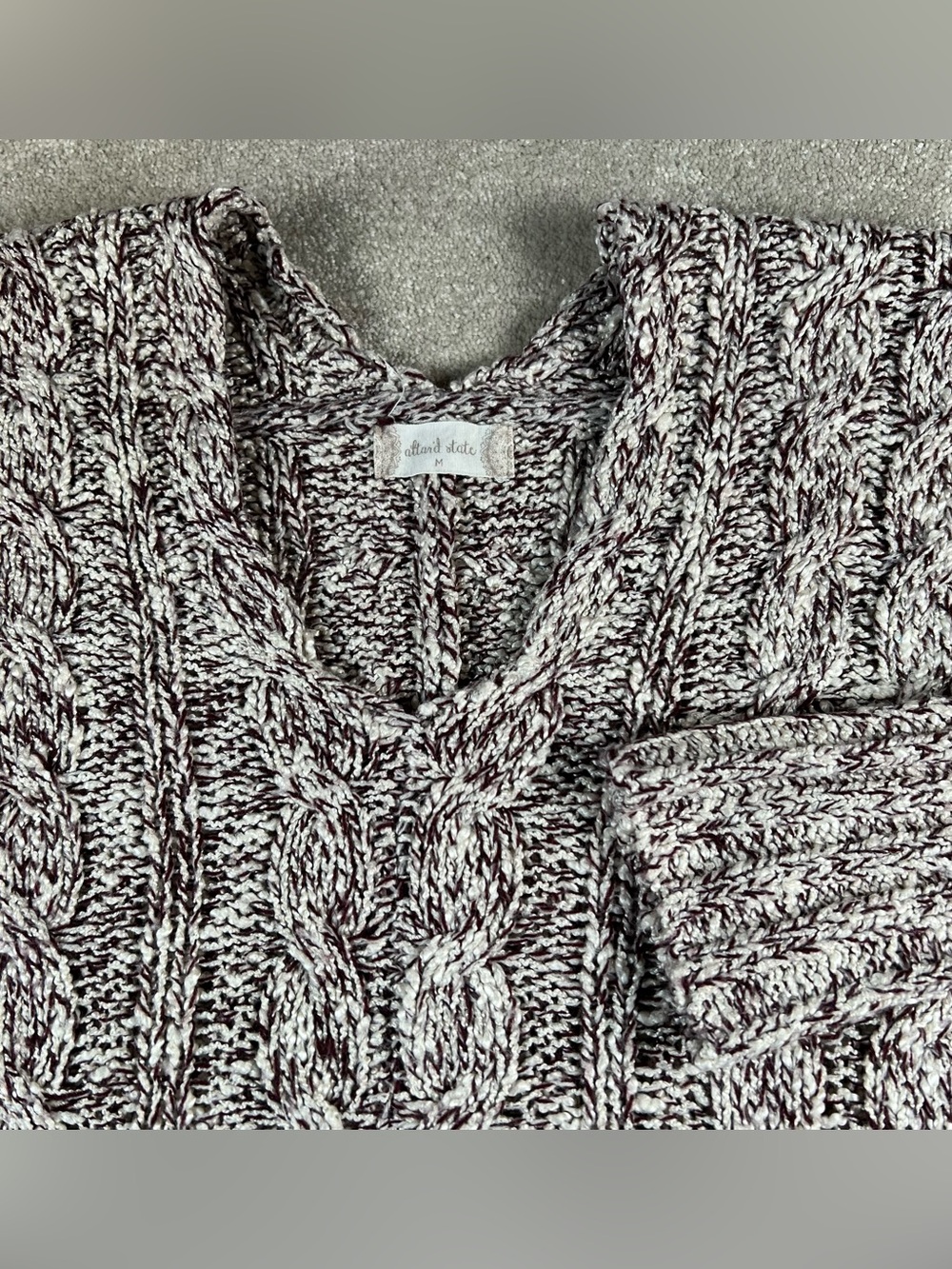 Altard State Sweater V Neck Cable Knit Cream Burgundy Marbled Oversized Womens M